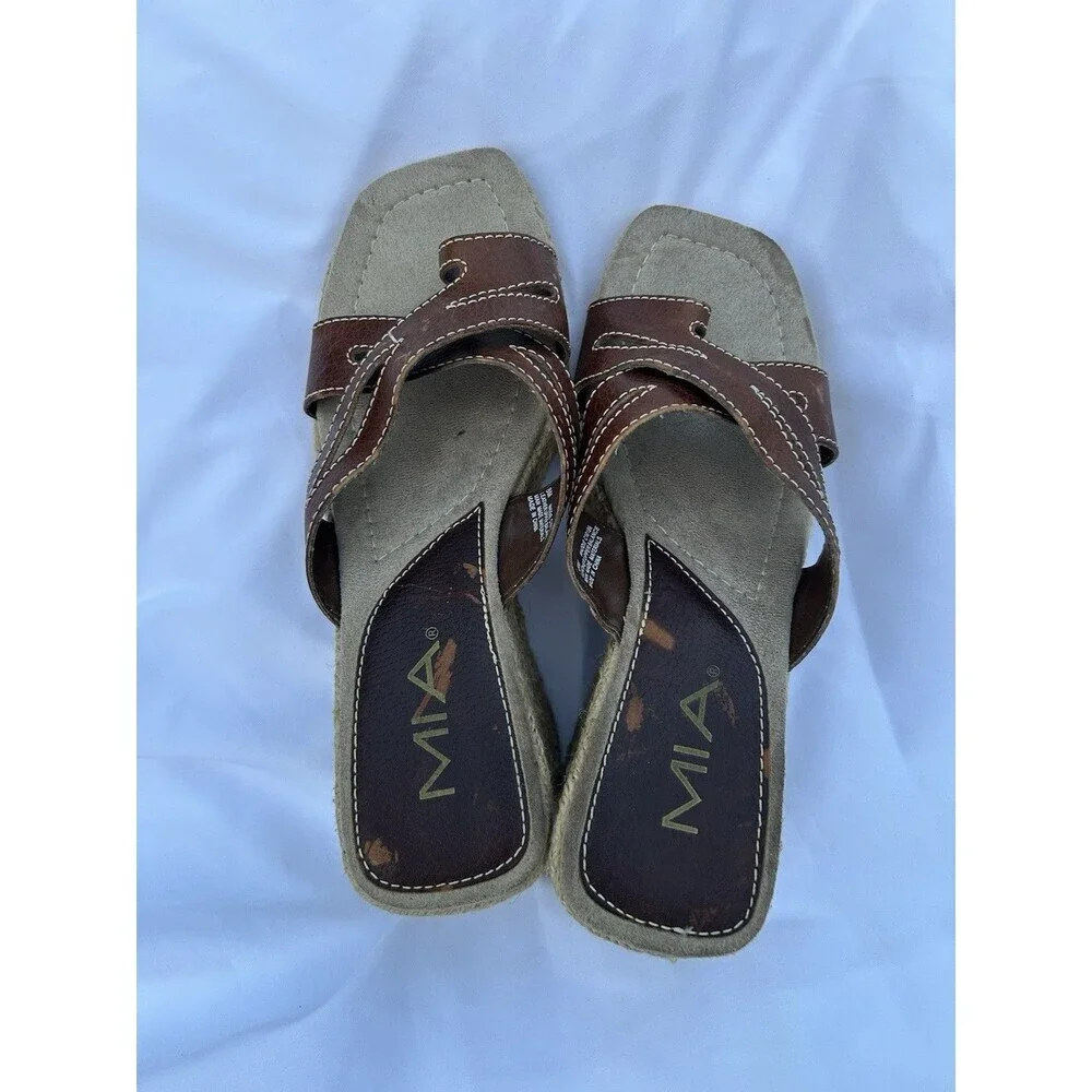 Vtg Y2K 90's MIA Brown Leather Chunky Platform Sandal Slides Size 8M
